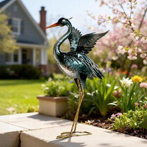 Handcrafted Crane Garden Statue Sculpture, Metal Heron Outdoor Decor